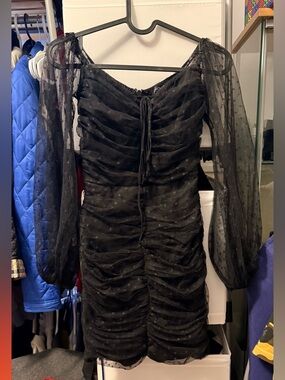 Fashion Nova Black Ruched Sheer-Sleeve Mini Dress